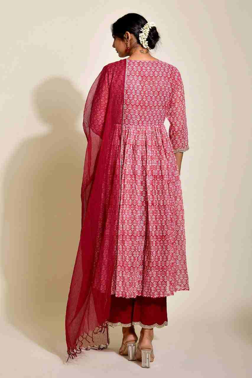 Naksh Red Maroon Kota Doriya Angarkha Kurta, Pants and Dupatta (Set of 3)