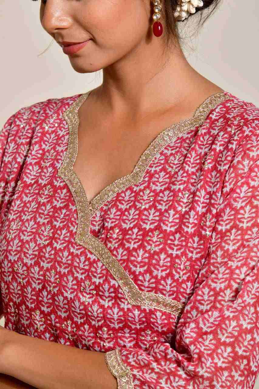 Naksh Red Maroon Kota Doriya Angarkha Kurta, Pants and Dupatta (Set of 3)