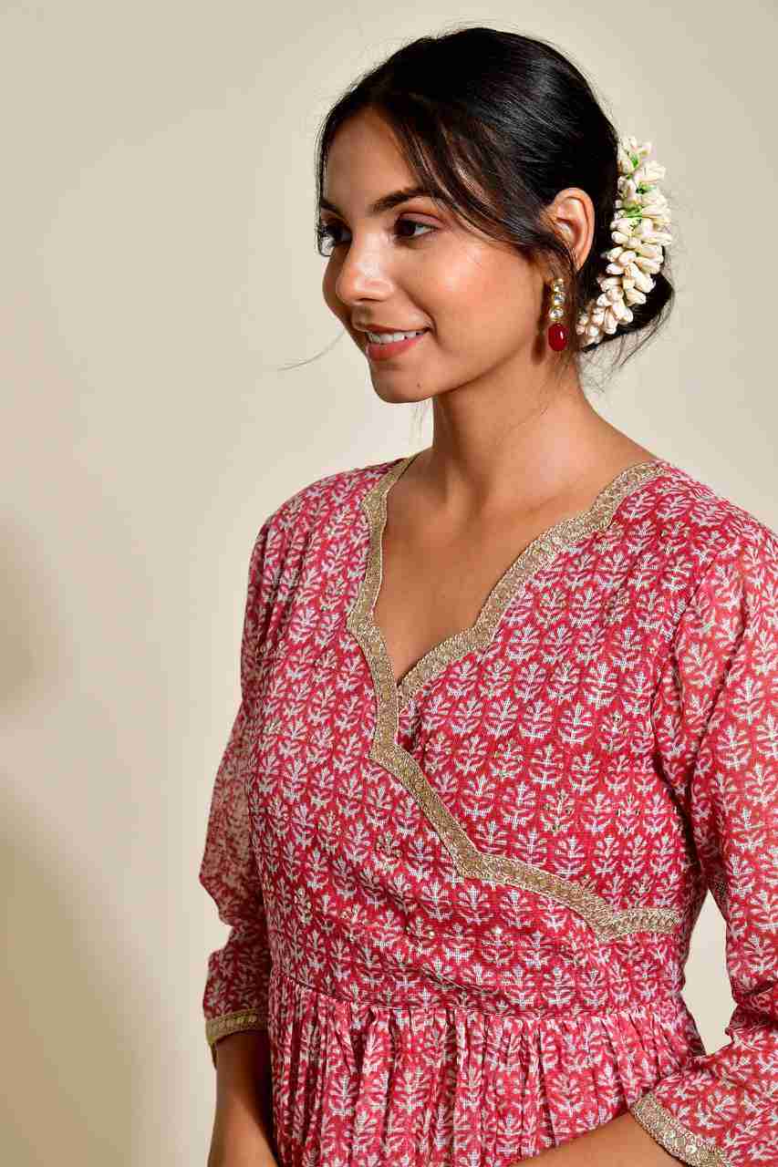 Naksh Red Maroon Kota Doriya Angarkha Kurta, Pants and Dupatta (Set of 3)