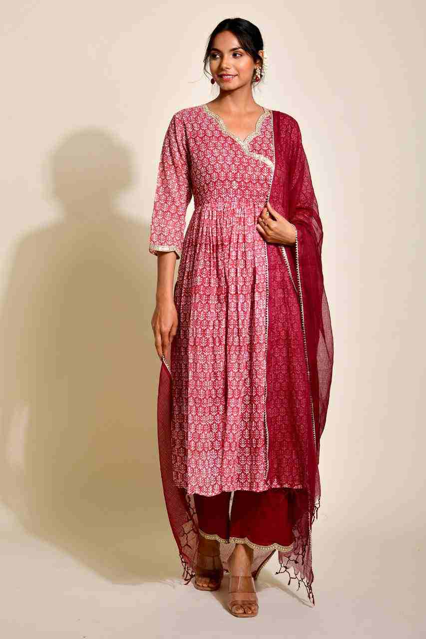 Naksh Red Maroon Kota Doriya Angarkha Kurta, Pants and Dupatta (Set of 3)