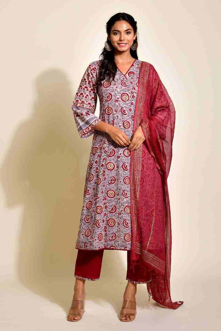 Naksh Grey and Maroon Loose Fit Straight Kurta, Dupatta and Pants (Set of 3)