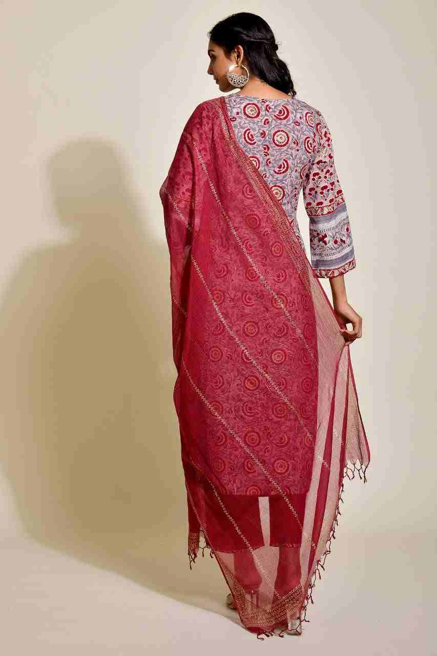 Naksh Grey and Maroon Loose Fit Straight Kurta, Dupatta and Pants (Set of 3)