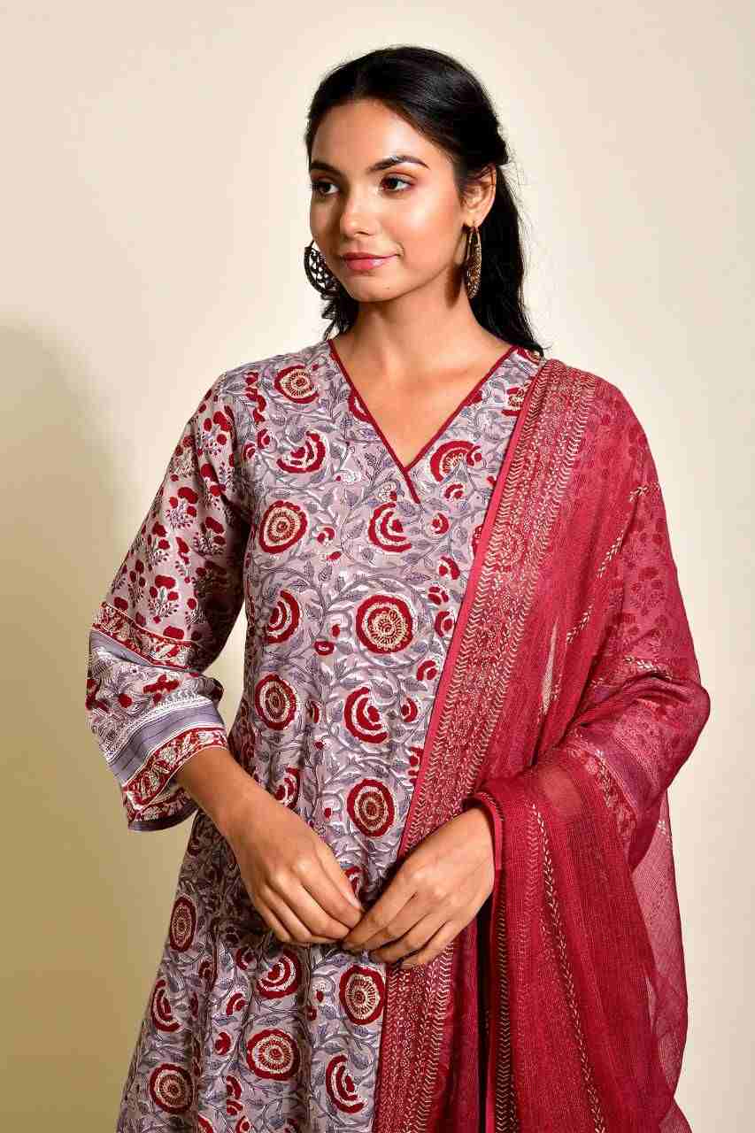 Naksh Grey and Maroon Loose Fit Straight Kurta, Dupatta and Pants (Set of 3)