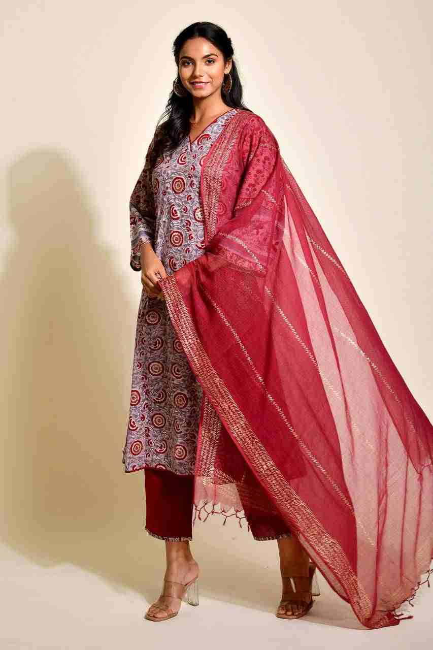 Naksh Grey and Maroon Loose Fit Straight Kurta, Dupatta and Pants (Set of 3)