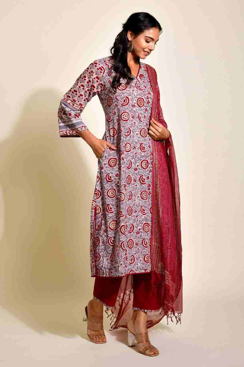 Naksh Grey and Maroon Loose Fit Straight Kurta, Dupatta and Pants (Set of 3)