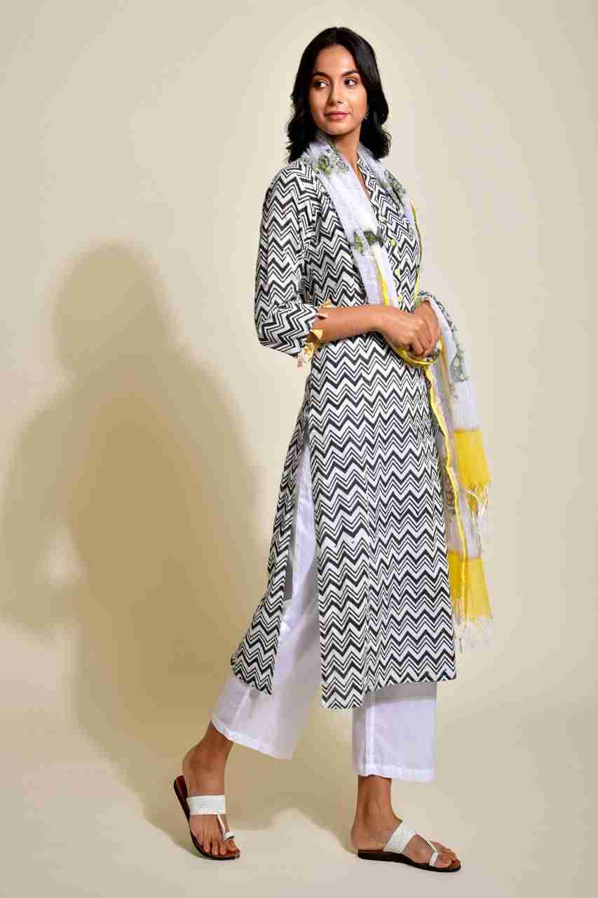 Naksh Black and White Zigzag Print Kurta and Dupatta (Set of 2) mohan