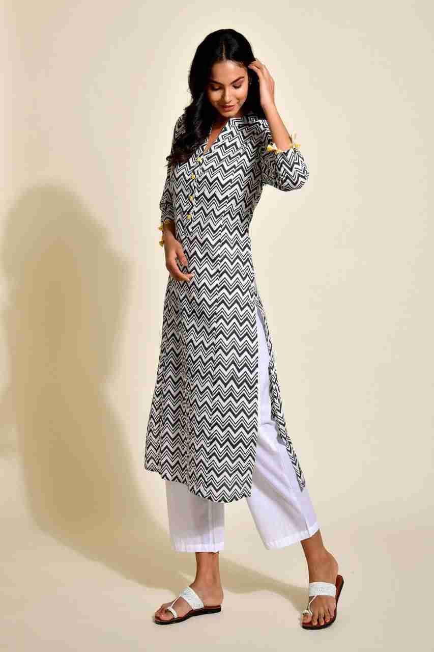 Naksh Black and White Zigzag Print Kurta and Dupatta (Set of 2) mohan
