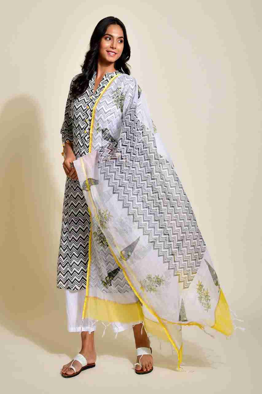 Naksh Black and White Zigzag Print Kurta and Dupatta (Set of 2) mohan
