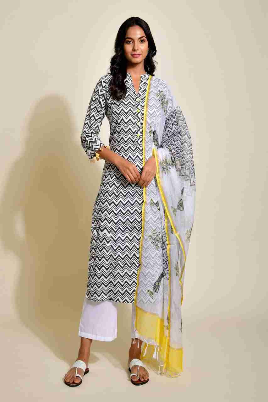 Naksh Black and White Zigzag Print Kurta and Dupatta (Set of 2) mohan