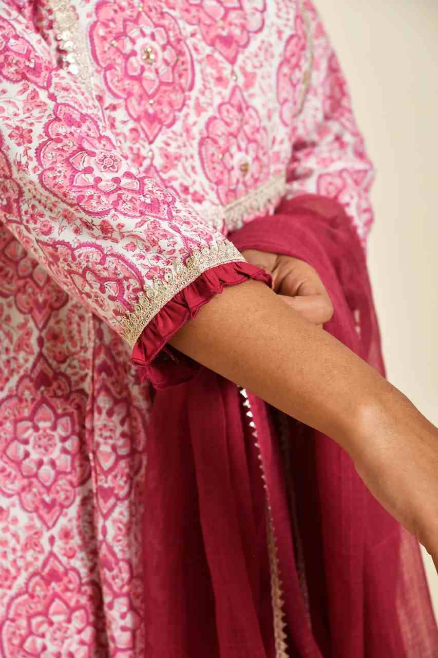 Naksh Magenta Pink Muslin Gathered Kurta with Pants And Dupatta (Set of 3)