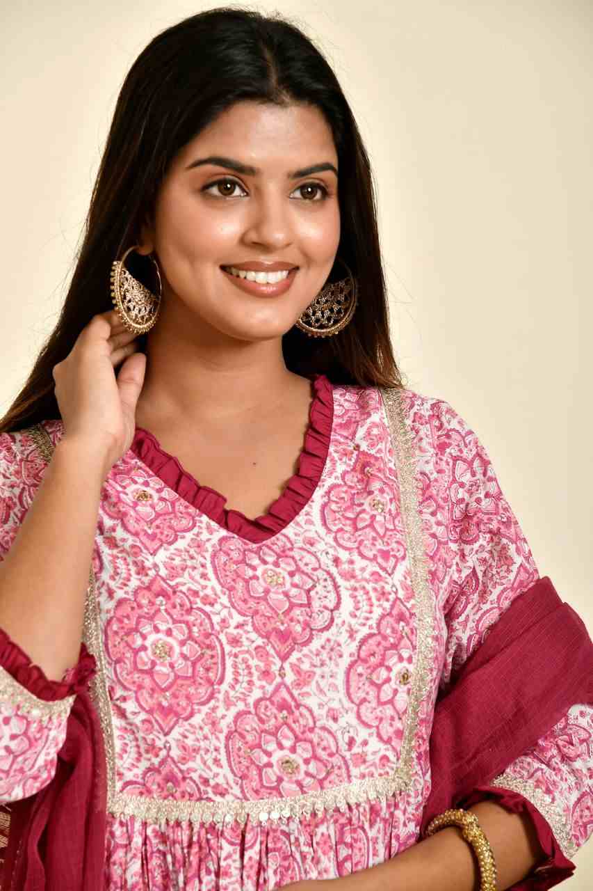 Naksh Magenta Pink Muslin Gathered Kurta with Pants And Dupatta (Set of 3)