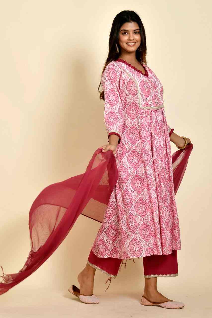 Naksh Magenta Pink Muslin Gathered Kurta with Pants And Dupatta (Set of 3)