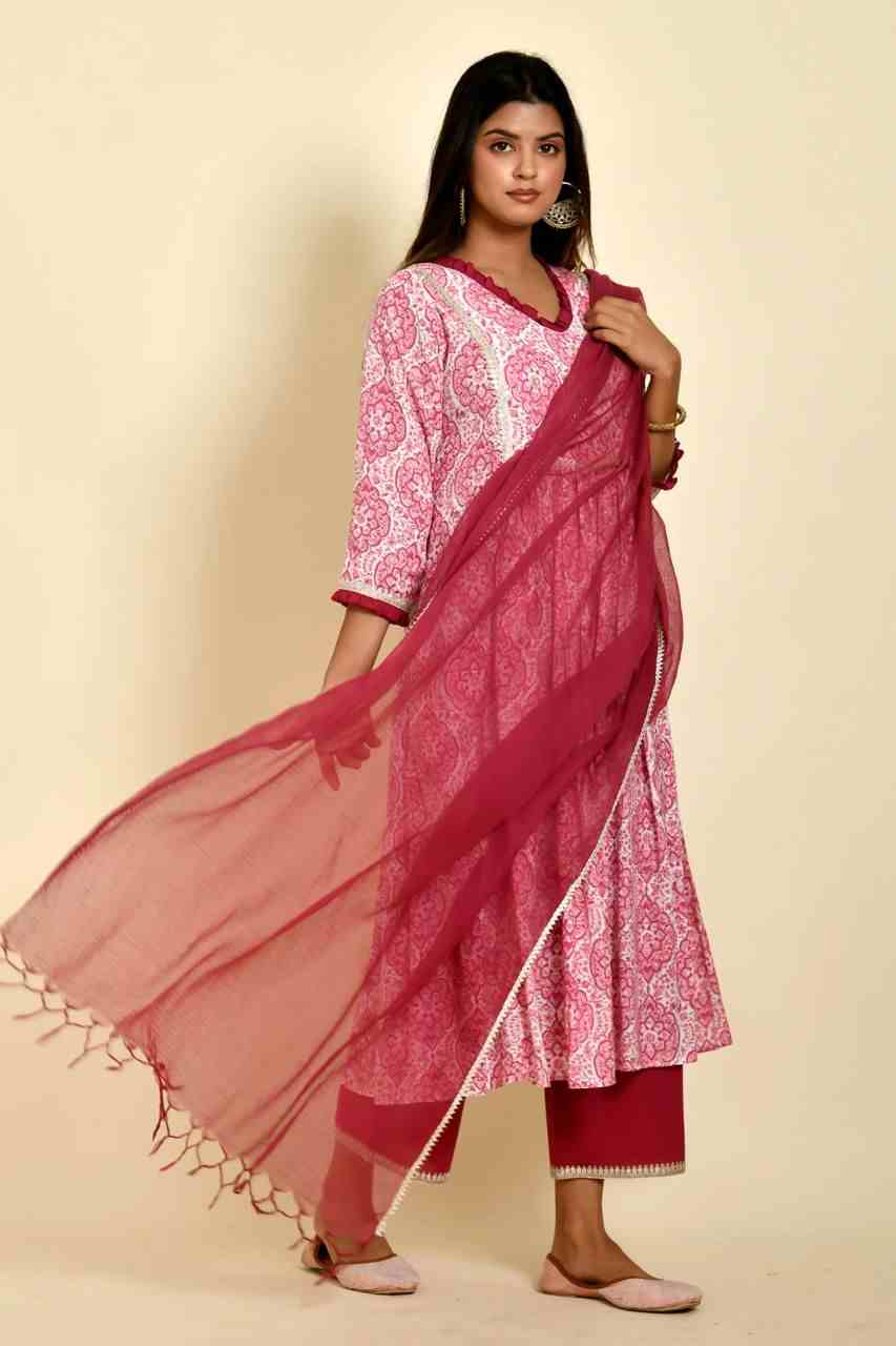 Naksh Magenta Pink Muslin Gathered Kurta with Pants And Dupatta (Set of 3)