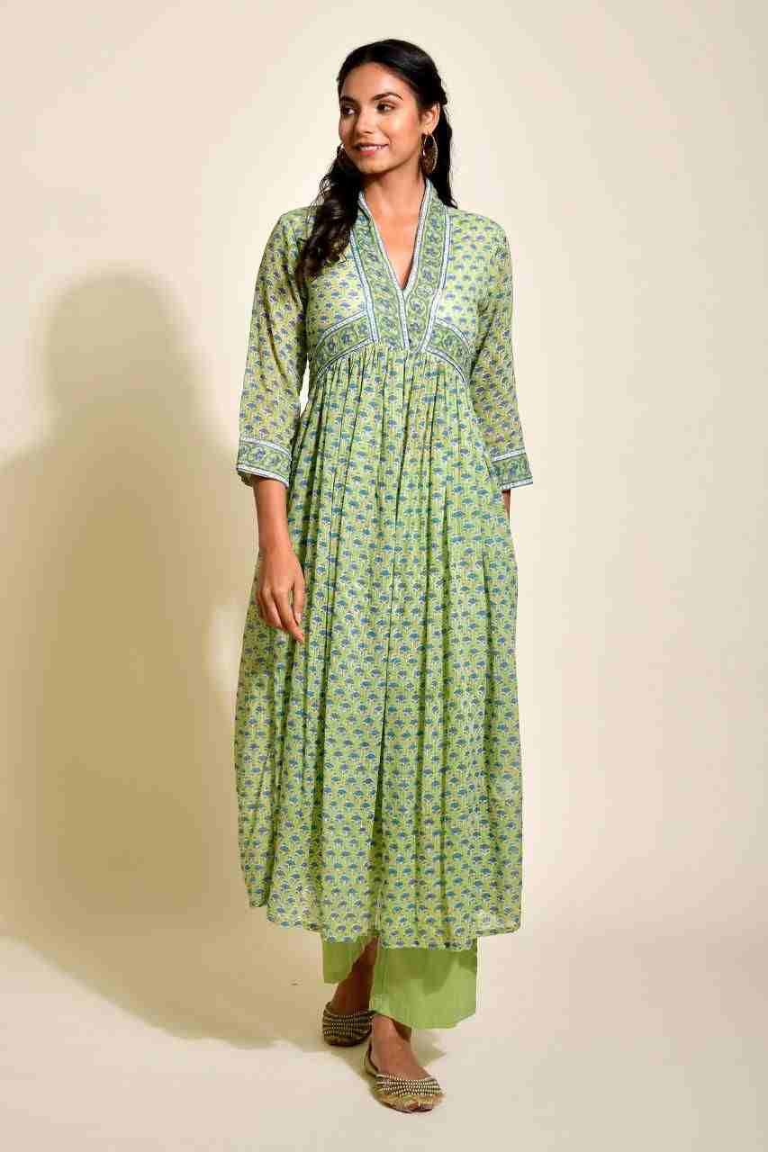 Naksh Green Block Printed Cotton Doriya Gathered Kurta and Pants (Set of 2)