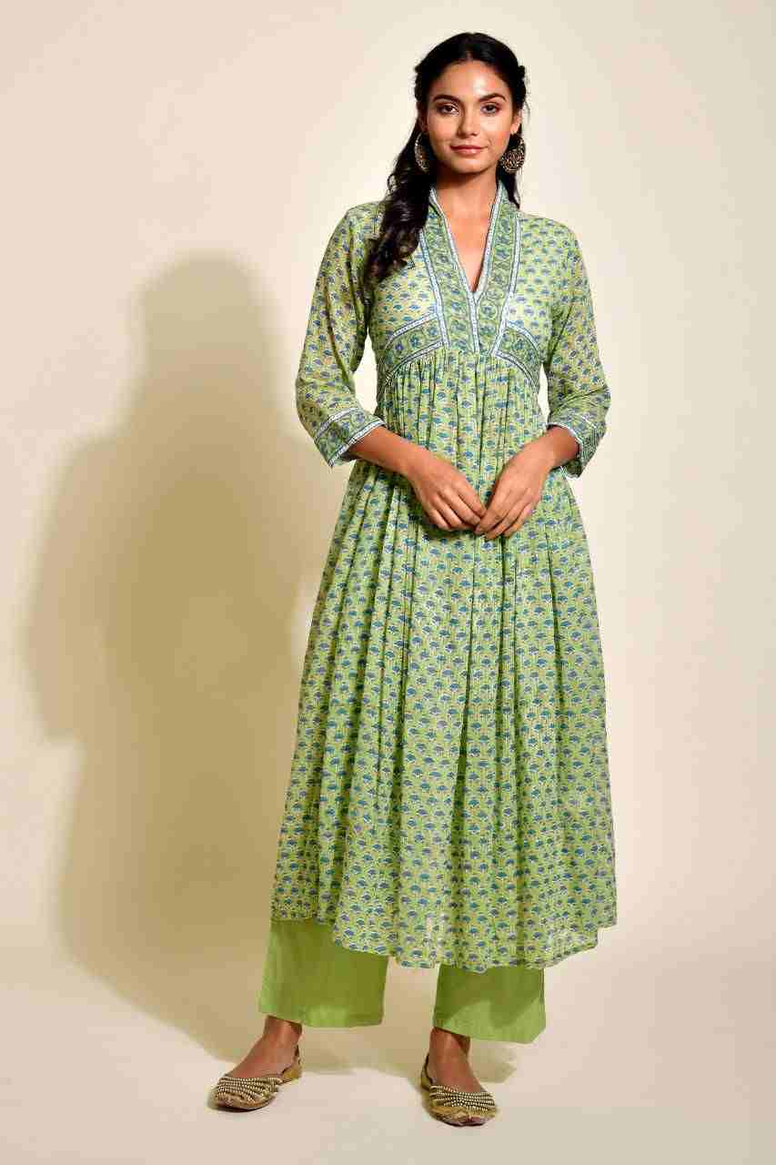 Naksh Green Block Printed Cotton Doriya Gathered Kurta and Pants (Set of 2)