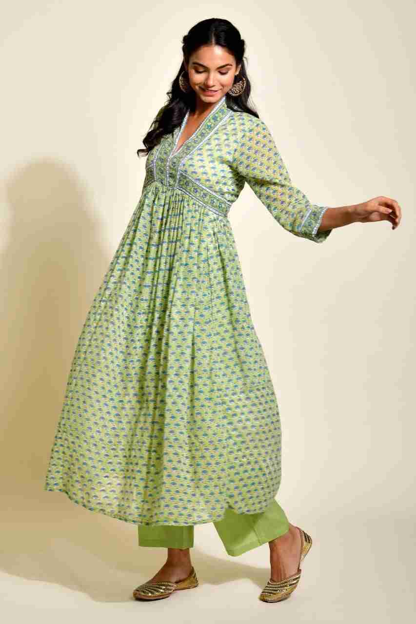 Naksh Green Block Printed Cotton Doriya Gathered Kurta and Pants (Set of 2)