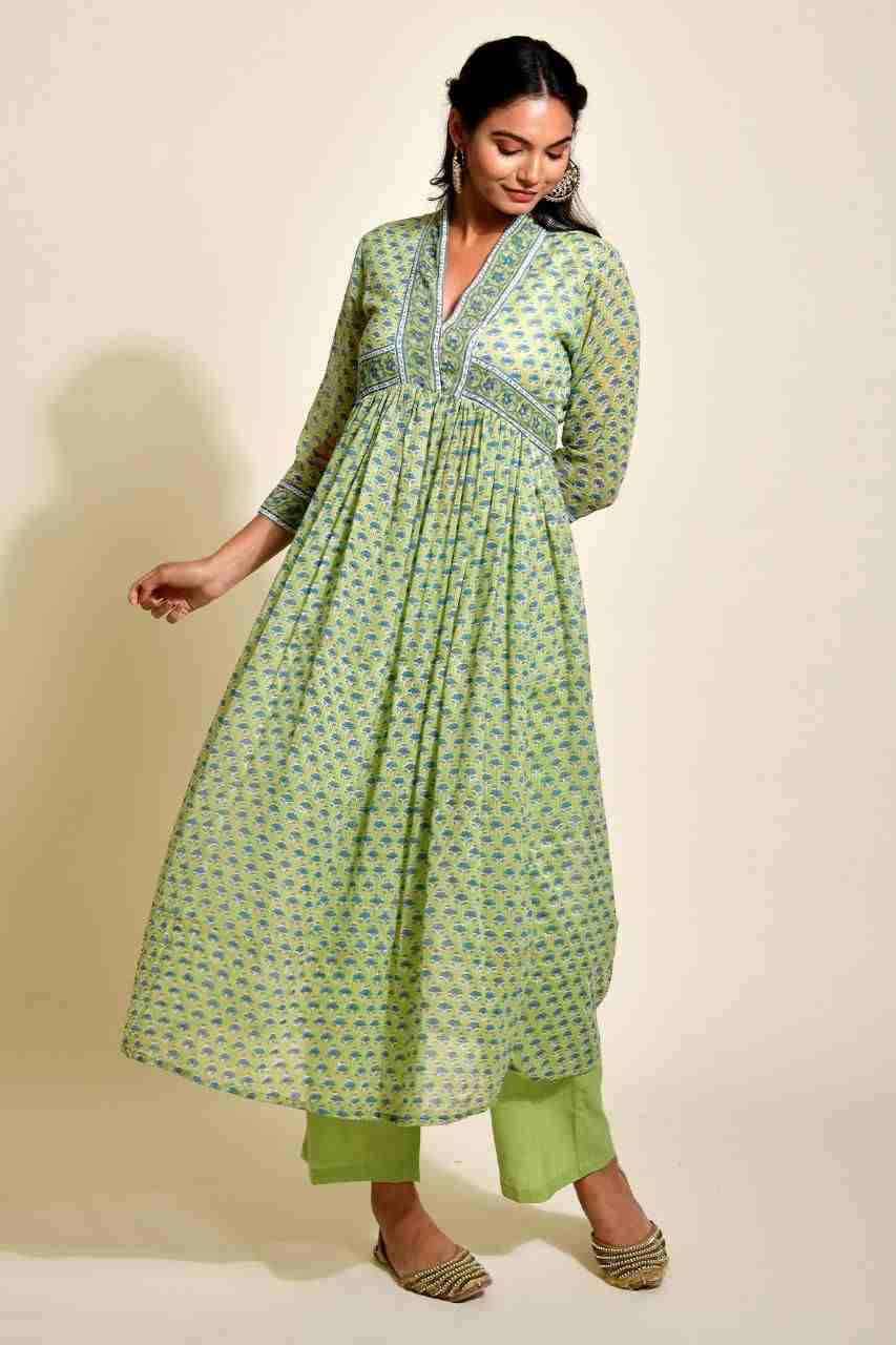 Naksh Green Block Printed Cotton Doriya Gathered Kurta and Pants (Set of 2)