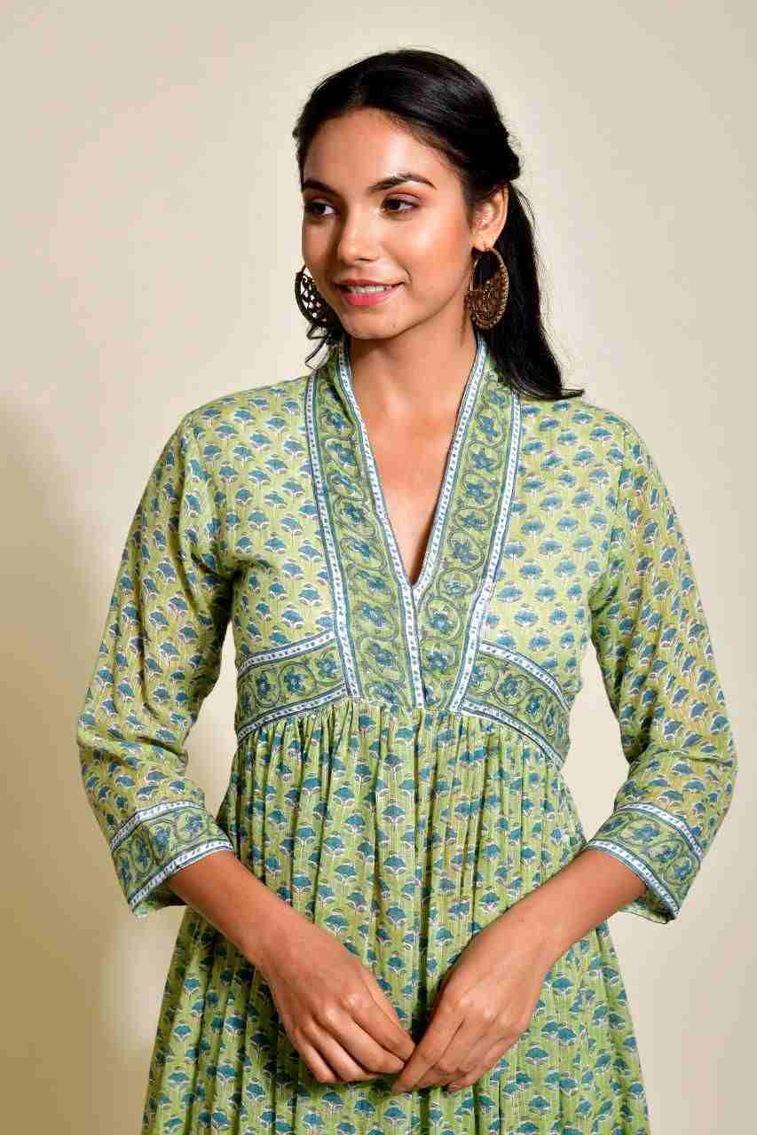 Naksh Green Block Printed Cotton Doriya Gathered Kurta and Pants (Set of 2)