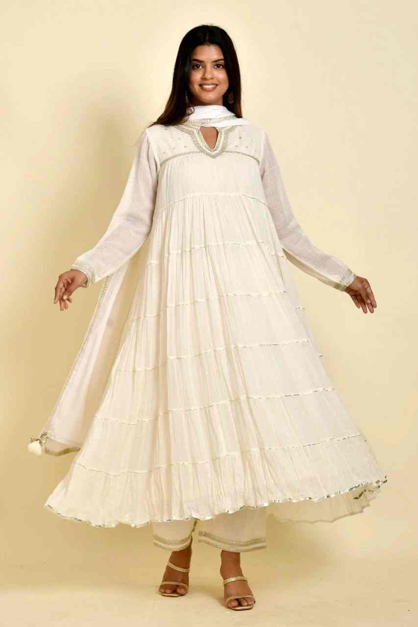 Naksh Off White Solid Cotton Doriya Tiered Kurta With Dupatta and Pants (Set of 3)