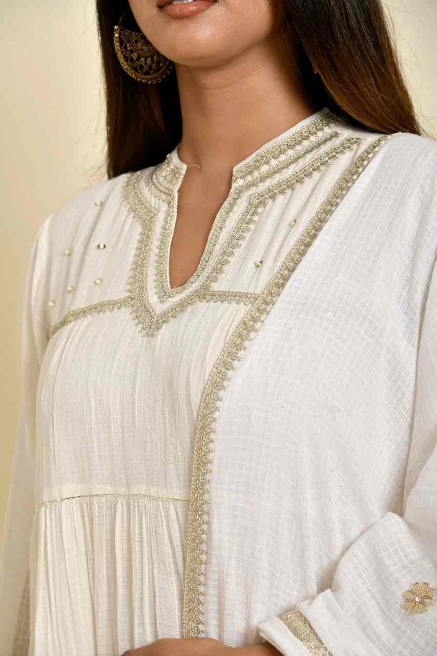 Naksh Off White Solid Cotton Doriya Tiered Kurta With Dupatta and Pants (Set of 3)