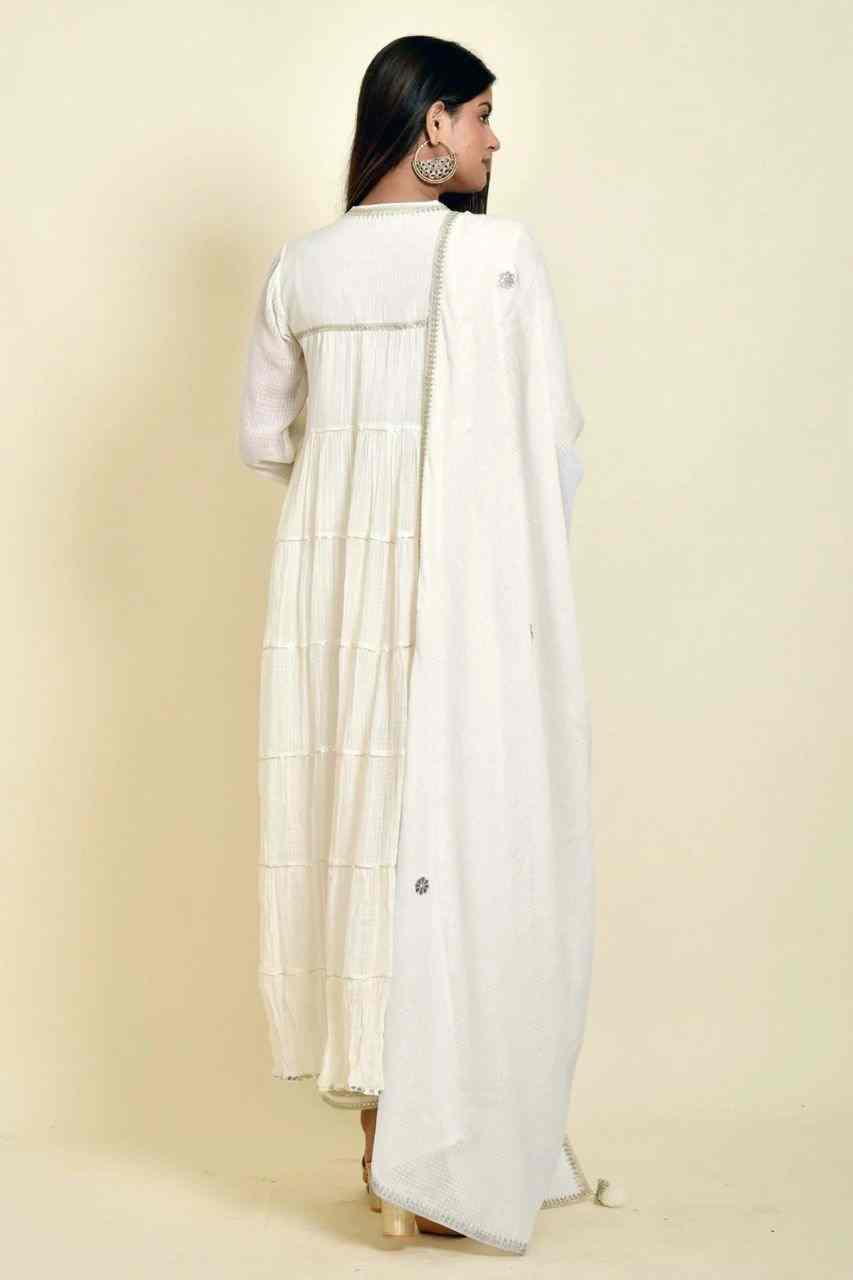 Naksh Off White Solid Cotton Doriya Tiered Kurta With Dupatta and Pants (Set of 3)