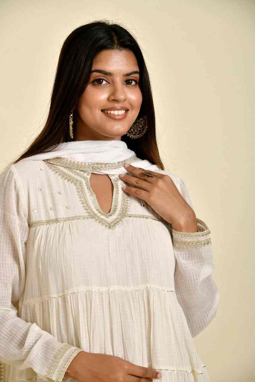 Naksh Off White Solid Cotton Doriya Tiered Kurta With Dupatta and Pants (Set of 3)