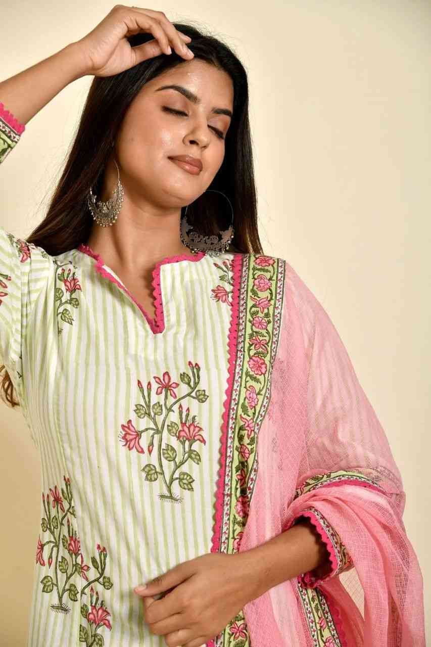 Naksh Green Striped Boota Printed Kurta Dupatta and Afgani Pants (Set of 3)