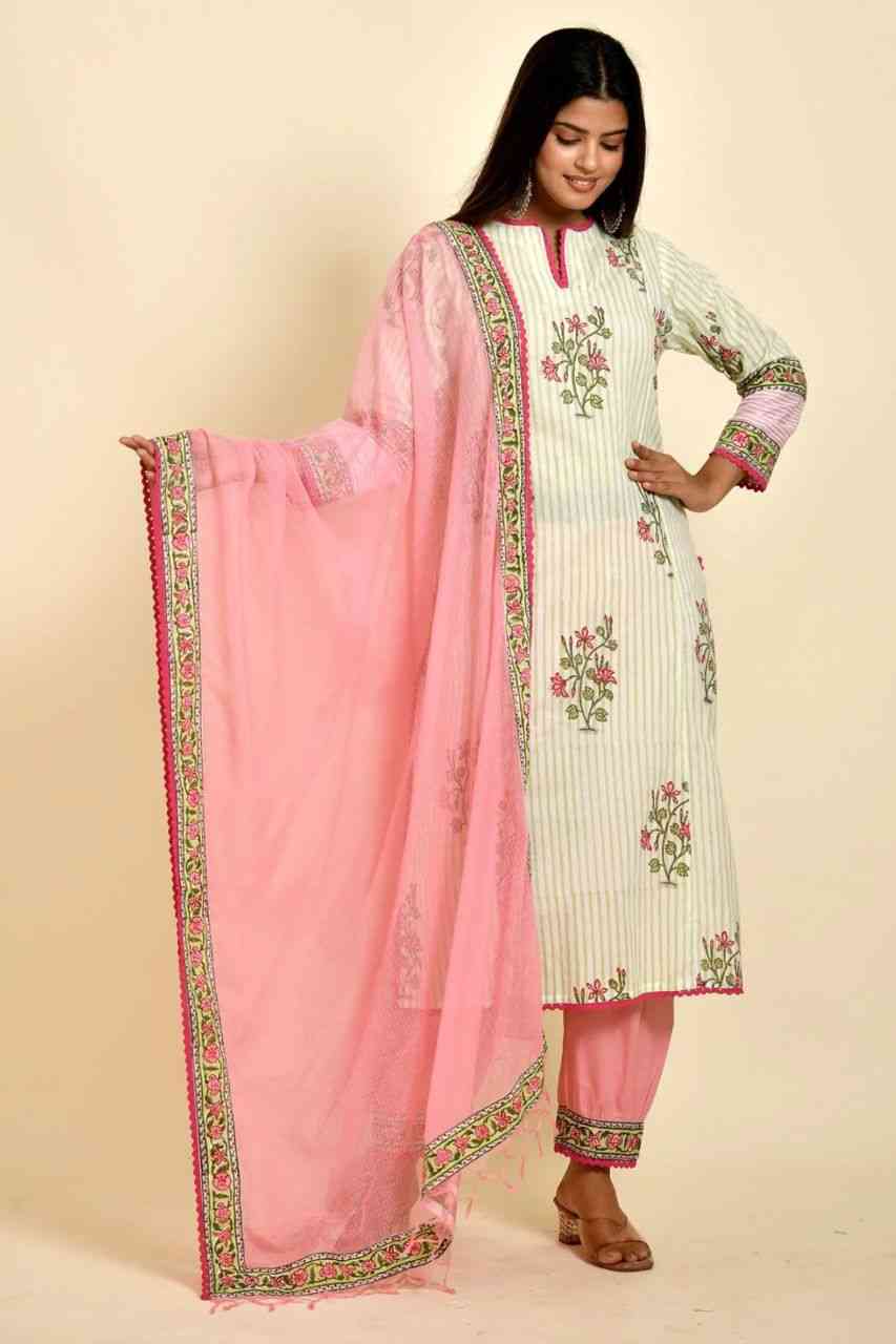 Naksh Green Striped Boota Printed Kurta Dupatta and Afgani Pants (Set of 3)