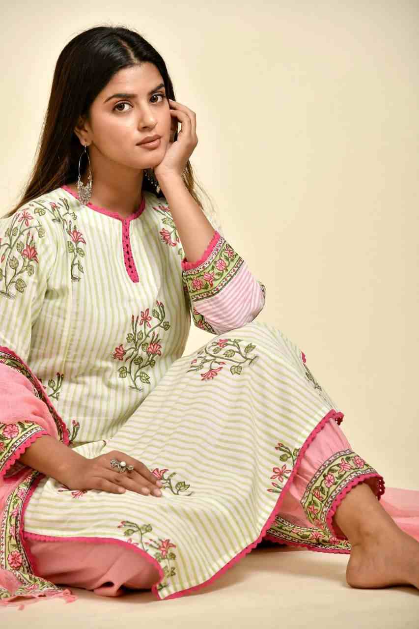 Naksh Green Striped Boota Printed Kurta Dupatta and Afgani Pants (Set of 3)