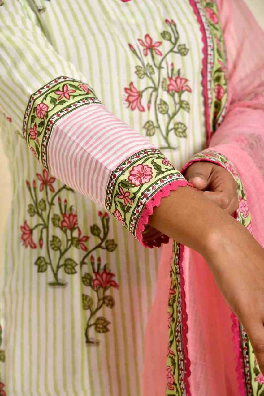 Naksh Green Striped Boota Printed Kurta Dupatta and Afgani Pants (Set of 3)