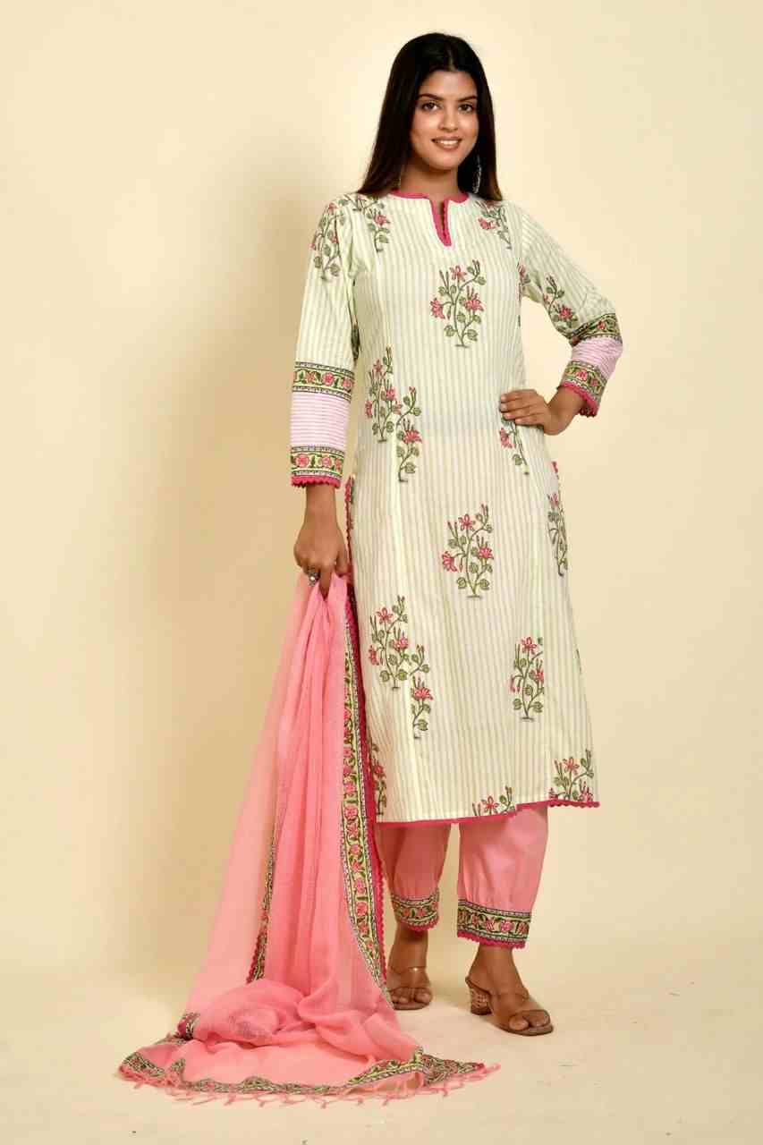 Naksh Green Striped Boota Printed Kurta Dupatta and Afgani Pants (Set of 3)