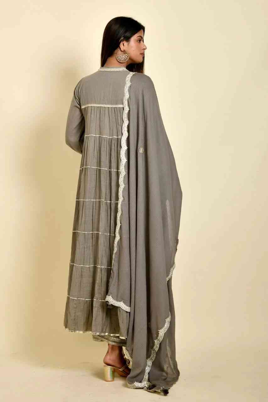 Naksh Grey Solid Cotton Doriya Tiered Kurta With Dupatta and Pants (Set of 3)