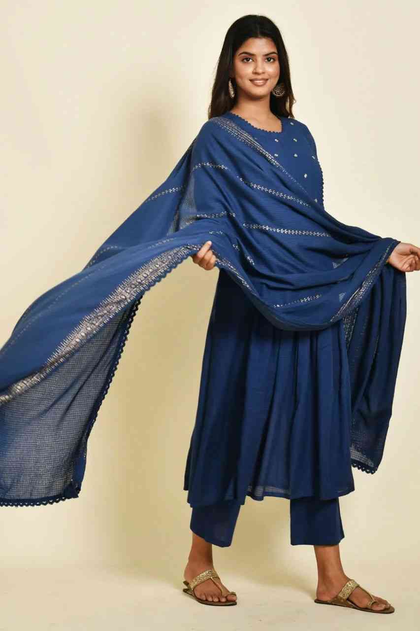 Naksh Blue Cotton Kota Doriya Kurta Dupatta and Pants (Set of 3)