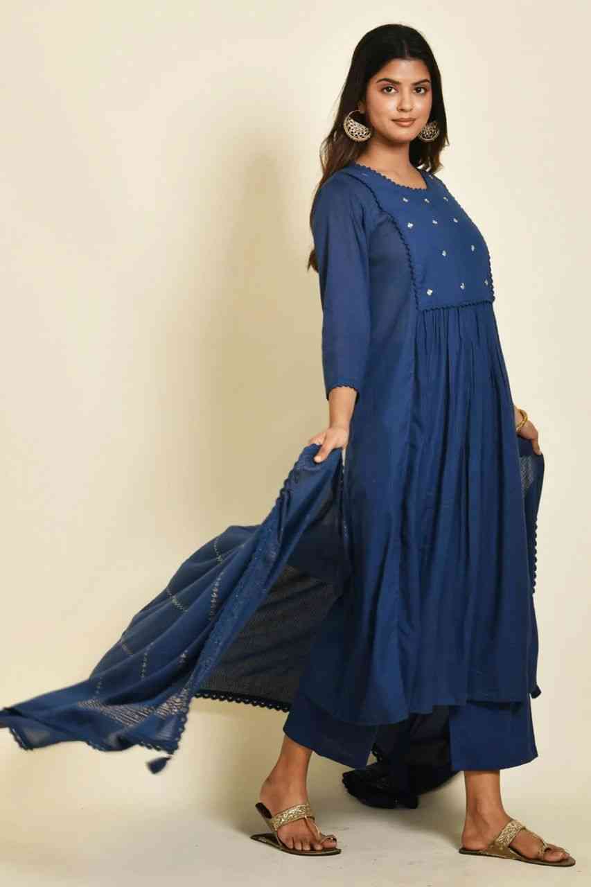 Naksh Blue Cotton Kota Doriya Kurta Dupatta and Pants (Set of 3)