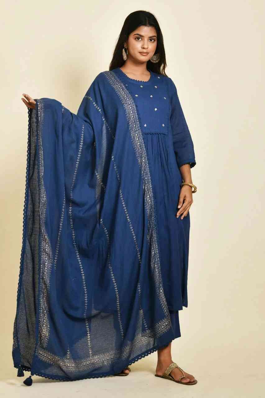 Naksh Blue Cotton Kota Doriya Kurta Dupatta and Pants (Set of 3)