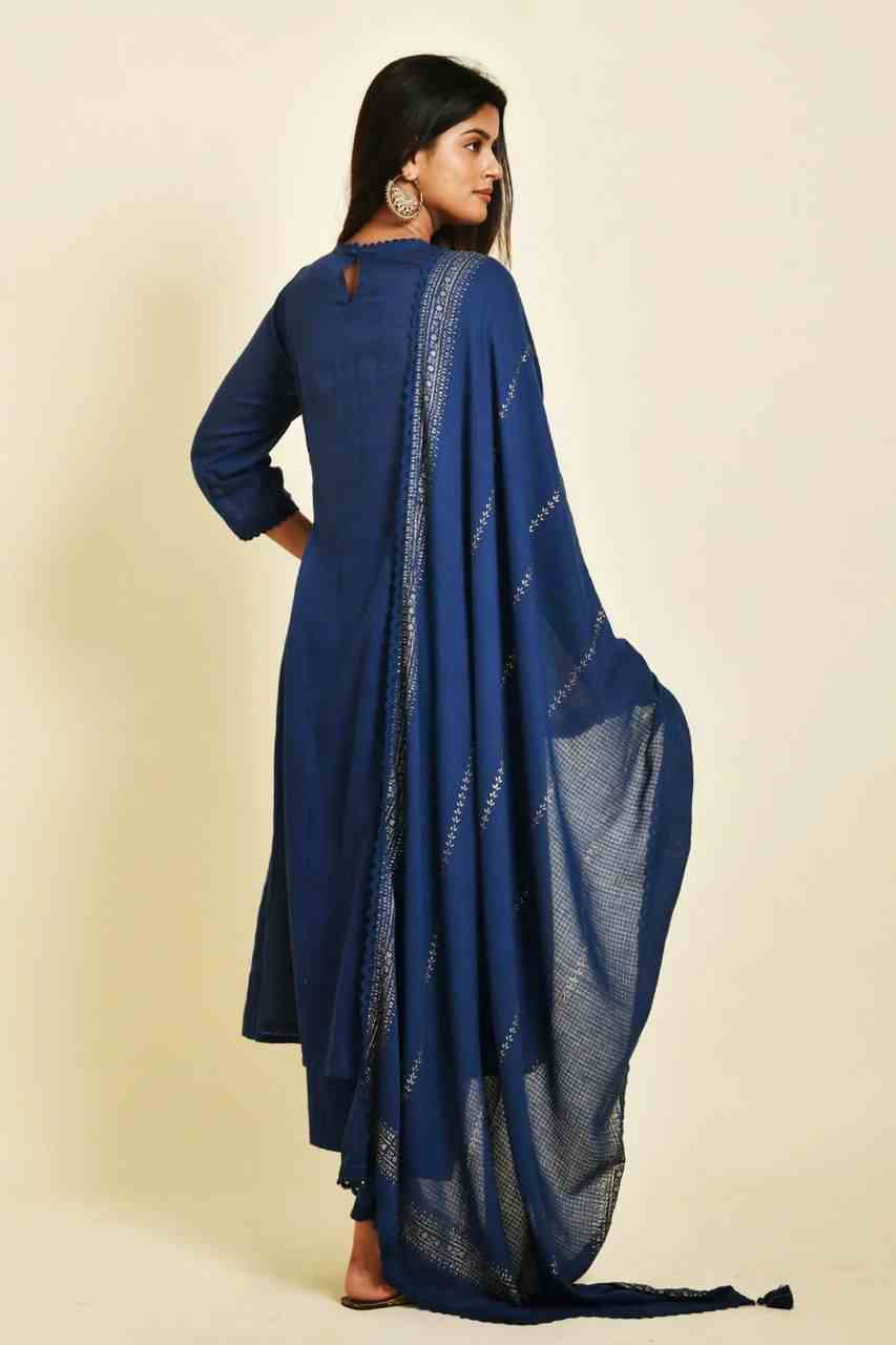 Naksh Blue Cotton Kota Doriya Kurta Dupatta and Pants (Set of 3)