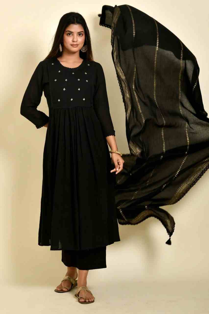 Naksh Black Cotton Doriya Kurta Dupatta and Pants (Set of 3)