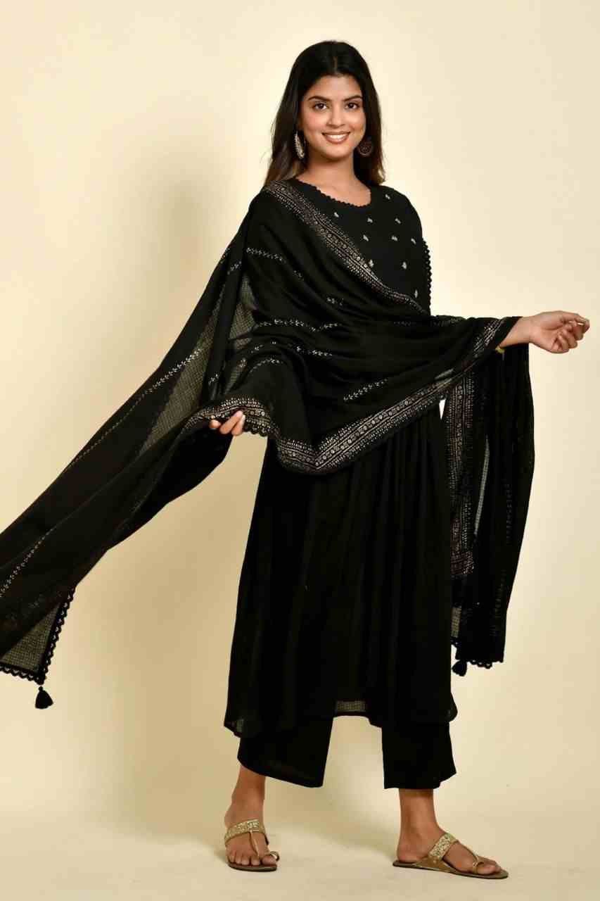 Naksh Black Cotton Doriya Kurta Dupatta and Pants (Set of 3)
