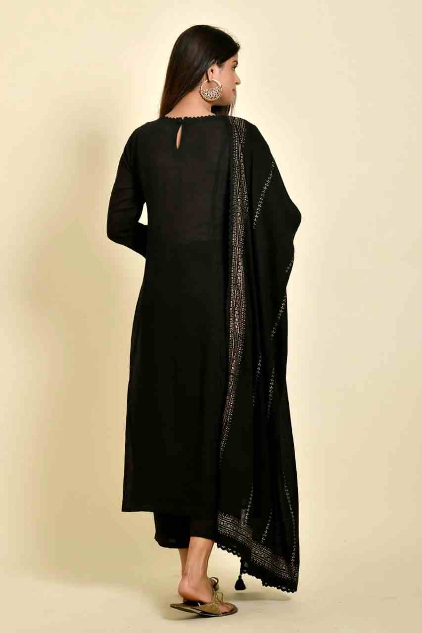 Naksh Black Cotton Doriya Kurta Dupatta and Pants (Set of 3)