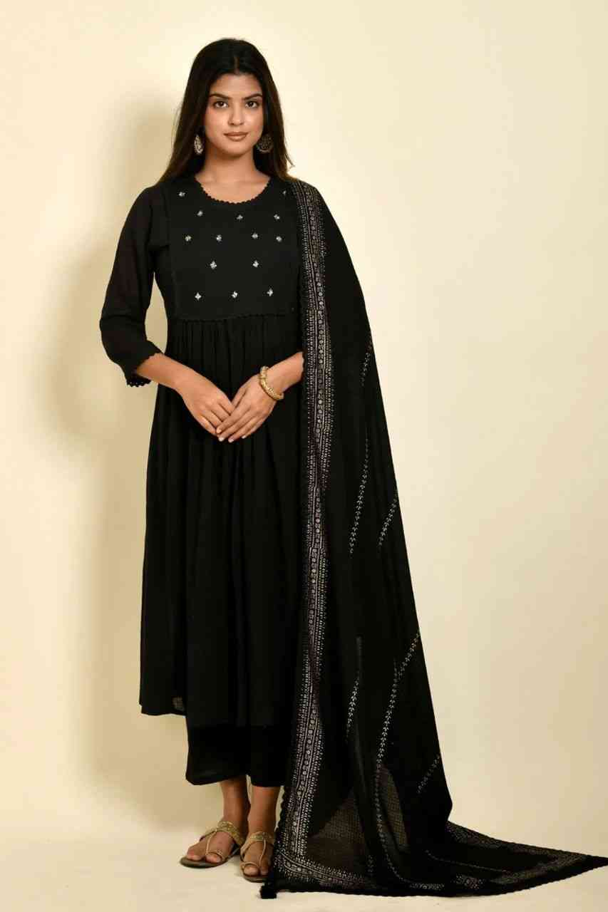 Naksh Black Cotton Doriya Kurta Dupatta and Pants (Set of 3)