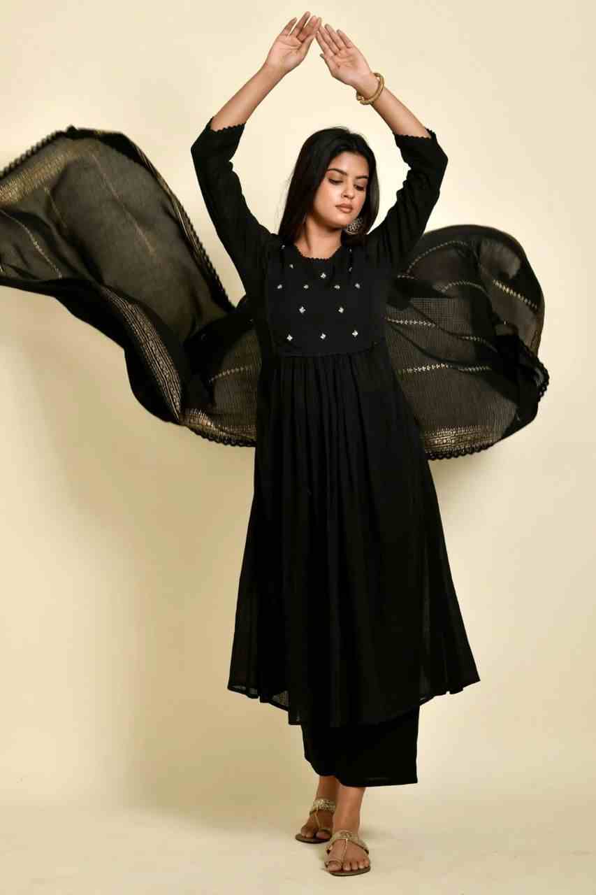 Naksh Black Cotton Doriya Kurta Dupatta and Pants (Set of 3)