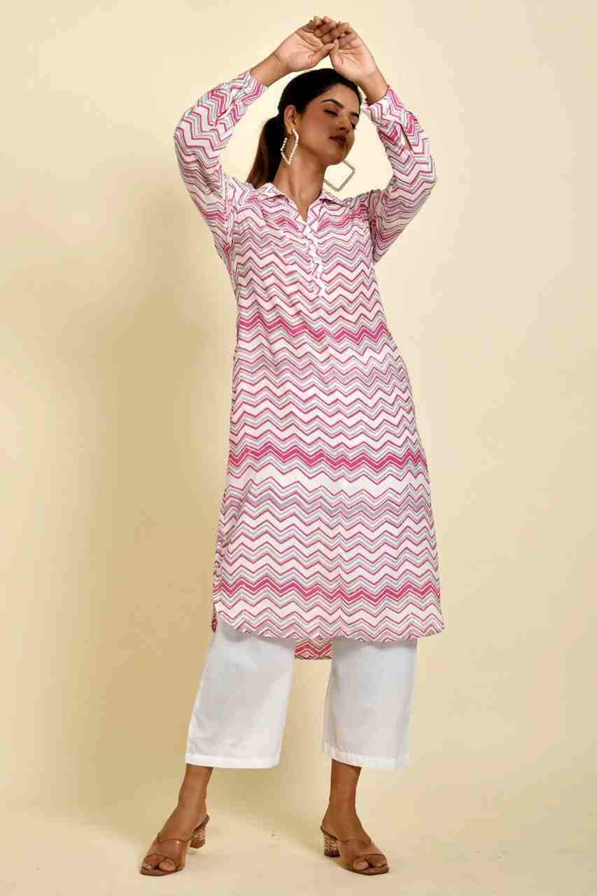 Naksh White Muslin Zigzag Printed Collared Kurta/Dress