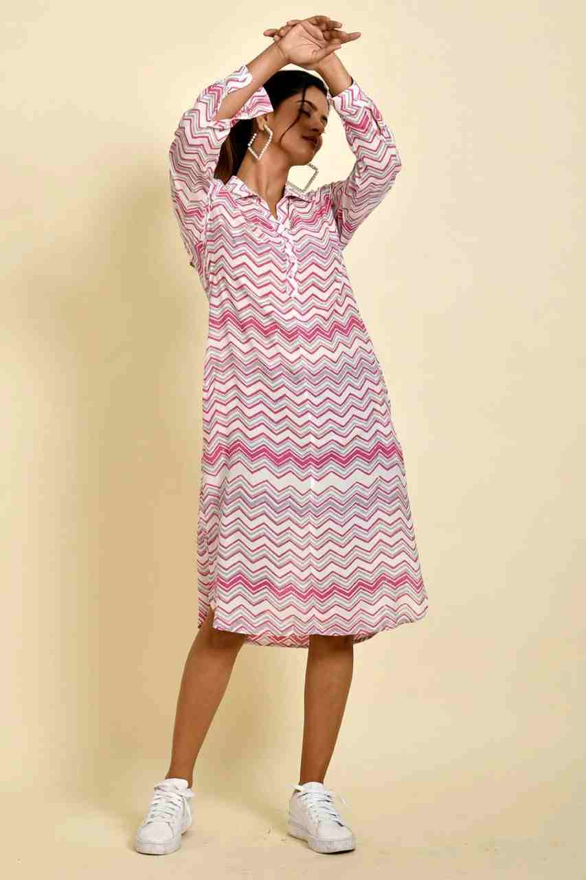 Naksh White Muslin Zigzag Printed Collared Kurta/Dress