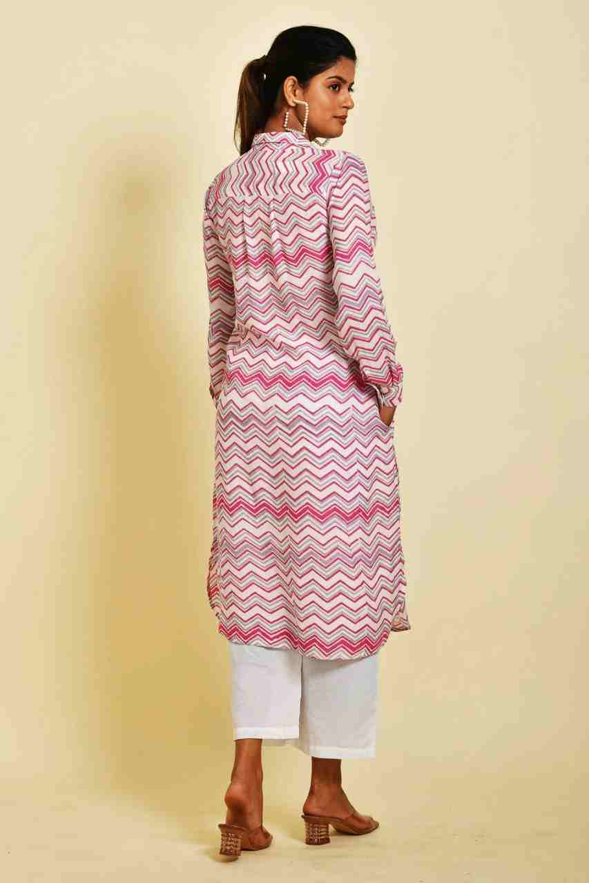 Naksh White Muslin Zigzag Printed Collared Kurta/Dress