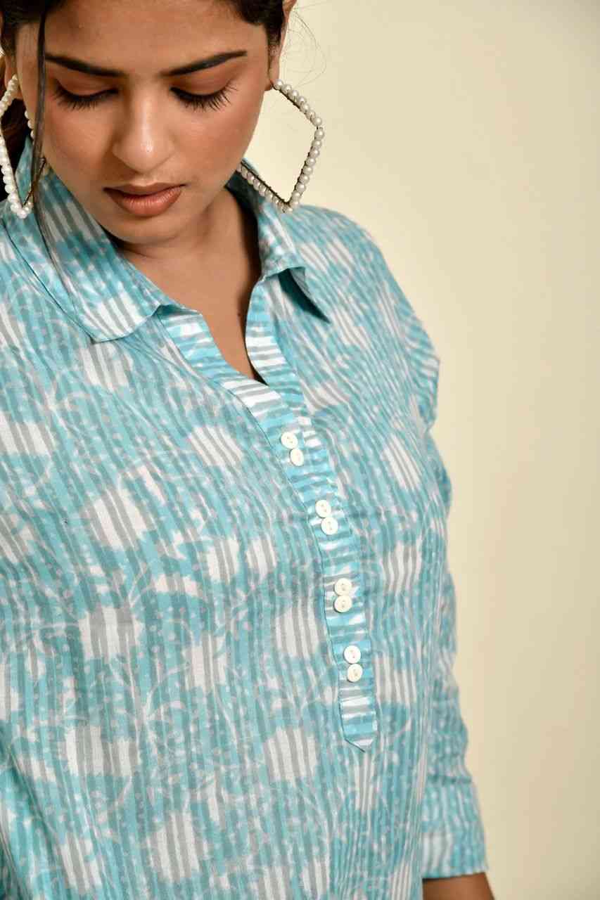 Naksh Blue Bagru Striped Collared Kurta/Shirt