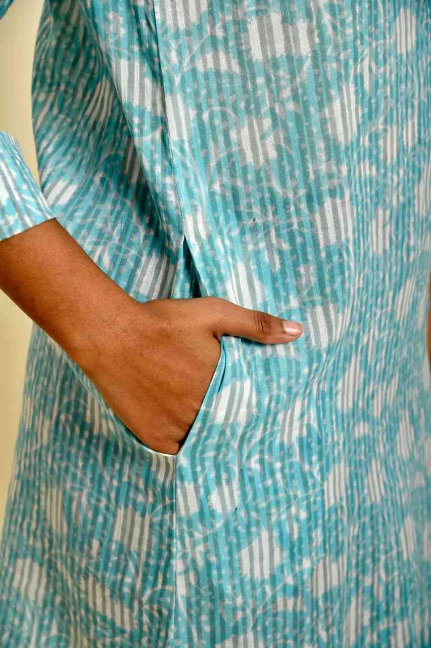 Naksh Blue Bagru Striped Collared Kurta/Shirt