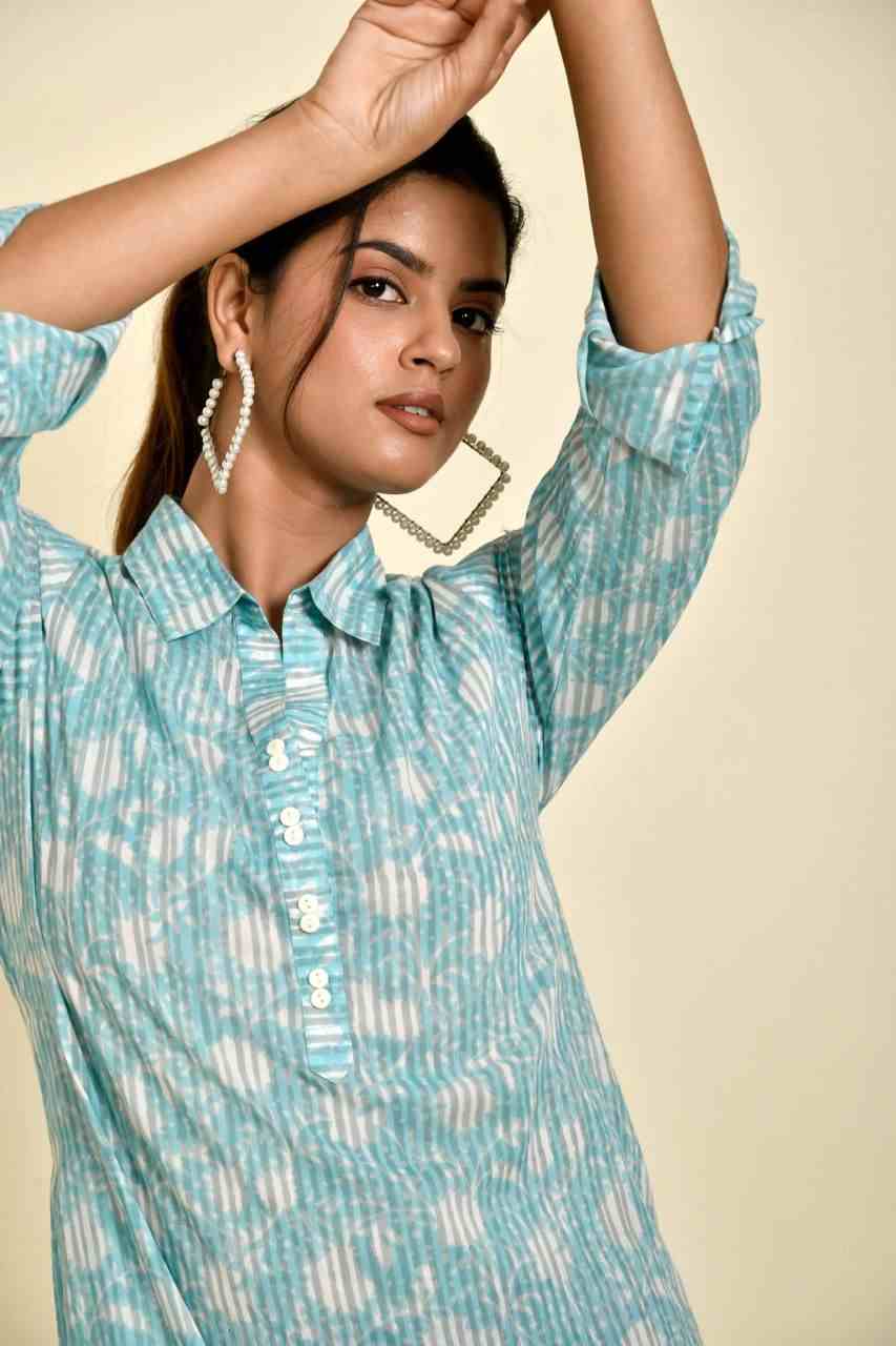 Naksh Blue Bagru Striped Collared Kurta/Shirt