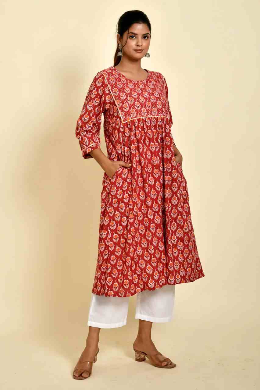 Naksh Red And Orange Butti Printed Gathered Kurta