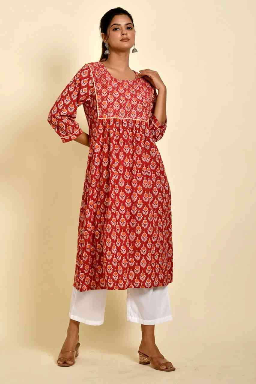 Naksh Red And Orange Butti Printed Gathered Kurta