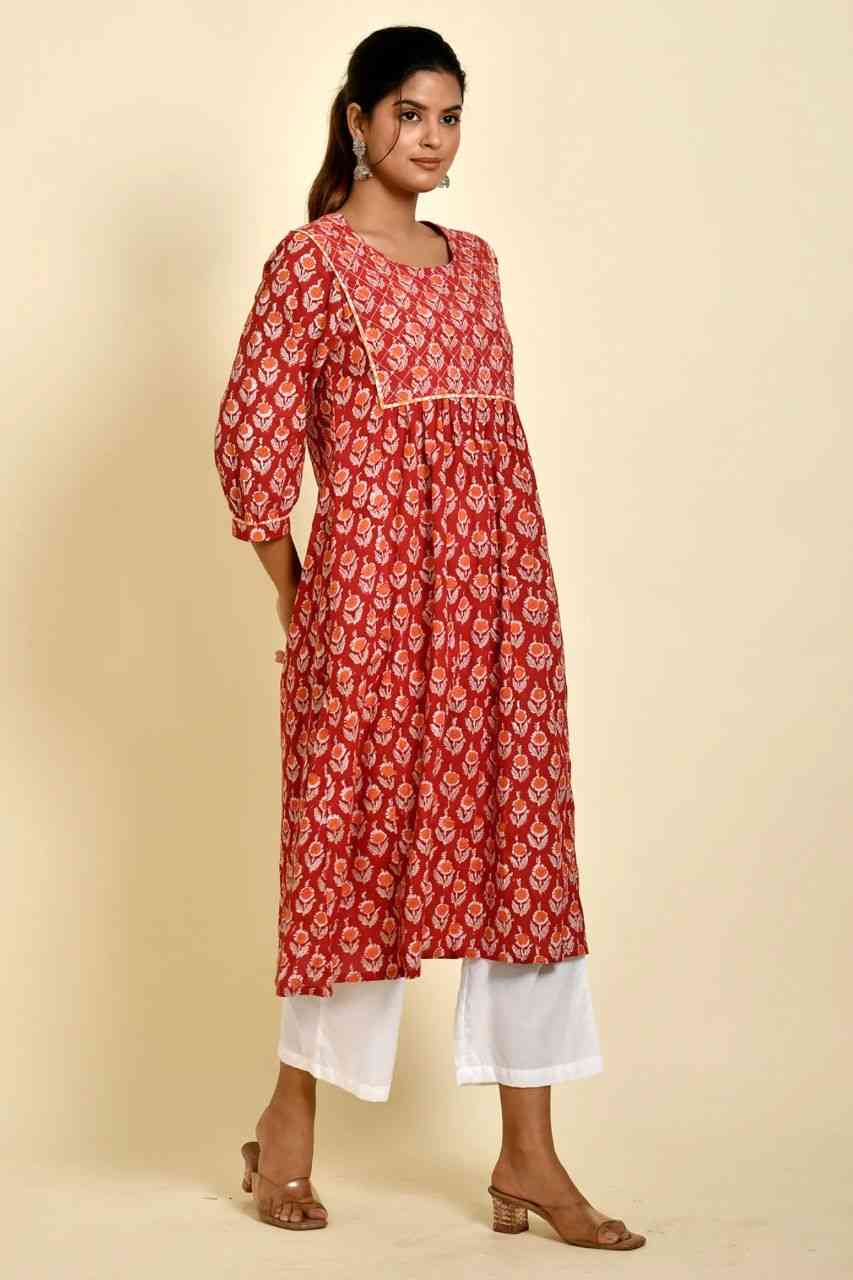 Naksh Red And Orange Butti Printed Gathered Kurta